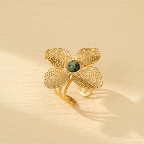 Anello Aperto in Acciaio Inossidabile Vintage da Donna Regolabile Design Fiore Quadrifoglio Elegante Pietra Naturale Verde