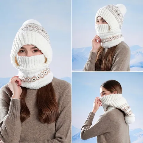 Cagoule En Tricot Pour Femmes Doublée En Polaire Masque Thermique Cache-cou Intégré Coupe-vent Jacquard Pom Pom
