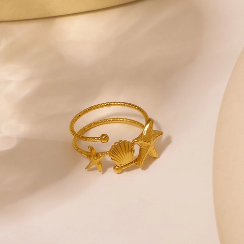 Starfish Scallop Shell Stainless Steel Ring Sea Ocean Theme Double Layer Hollow Adjustable Open Ring For Women Jewelry