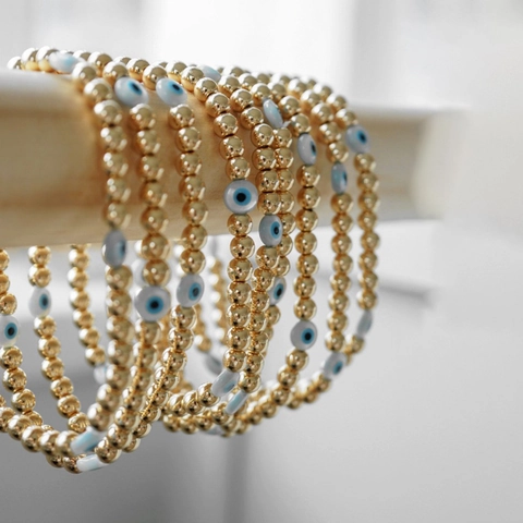 Evil Eye Perlenarmband Natürliche Muschel Und Vergoldete Kupferperlen Elastischer Böhmischer Ethno Schmuck Für Damen