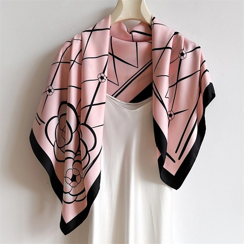 Camellia Flower Square Scarf Large Polyester Twill Satin Elegant Diamond Lattice Headscarf Shawl For Women