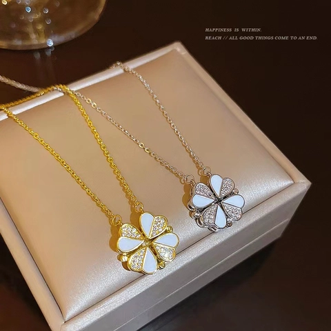 Titanium Steel Clover Heart Pendant Necklace Shell Rhinestone Magnetic Two-Way Wear Fashion Jewelry Gift for Women
