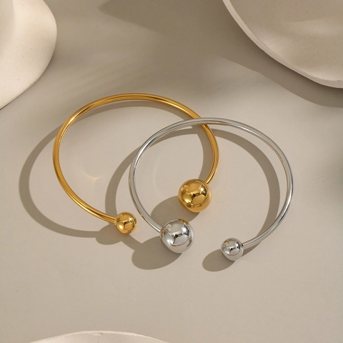 Franse Vintage Dubbele Bal Roestvrij Stalen Open Manchet Armband Waterdicht Hypoallergeen 18K Verguld Asymmetrische Sieraden