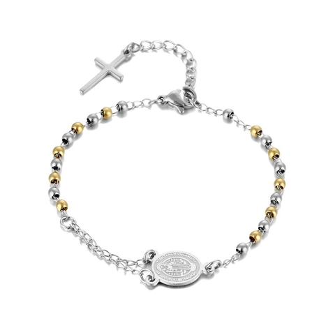 Bracelet Perles Médaille Saint Benoît Pendentif Croix Acier Inoxydable Plaqué Or 18K Bijoux Religieux Rétro Pour Hommes Femmes