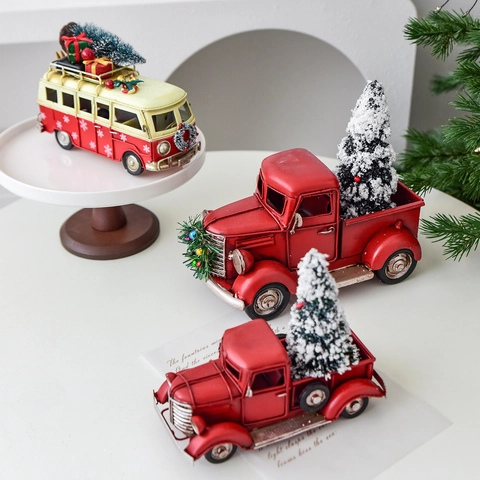 Ornamenti Natalizi Vintage In Metallo Camion Treno Autobus Con Mini Albero Modelli Di Auto In Ferro Rosso Per Decorazione Scrivania