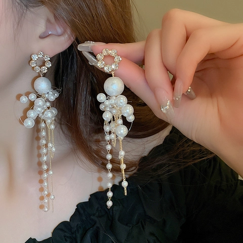 Elegantes Pendientes Colgantes De Borla Larga De Imitación De Perla Artificial Y Diamantes De Imitación Con Poste De Plata Para Mujer