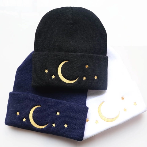 Moon Star Embroidered Knit Beanie Hat Acrylic Warm Winter Cuffed Skull Cap For Men Women