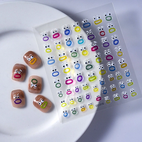 5D Embossed Nail Art Stickers Funny Cartoon Emoji Eyes Mouth Waterproof Self Adhesive Manicure Decor For Women Girls