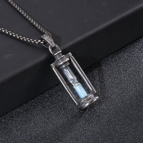 Pendente Clessidra Vintage Acciaio Inossidabile Vetro Sabbia Blu Forma Lampada Cherosene Gioielli Stile Punk Retrò
