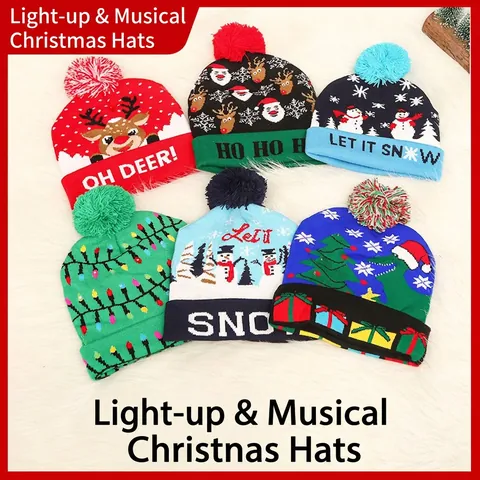 Kids Winter Christmas Knitted Hat And Scarf Glowing LED Beanie With Music Reindeer Snowman Pattern Warm Acrylic Festive Accessory