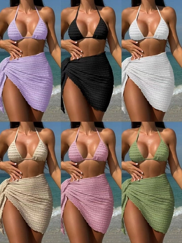 Bikini Top And Bottom With Matching Sarong Cover Up Ripple Textured Halter Neck Tie Side Beach Swimwear Women