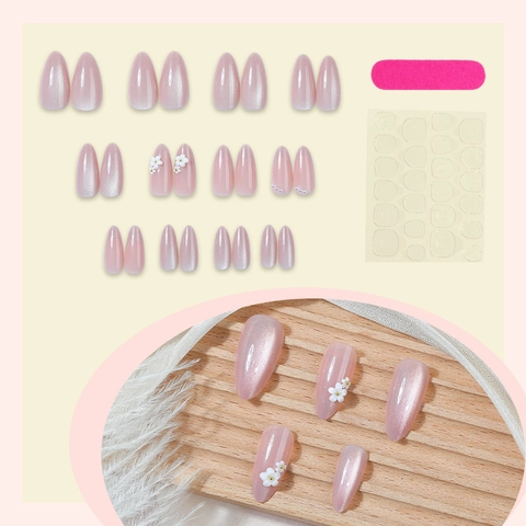 Roze Cat Eye Press On Nagels Met 3D Bloemen En Kunstparels French Tip Amandelvorm Kunstnagels Voor Dames Voor Feest