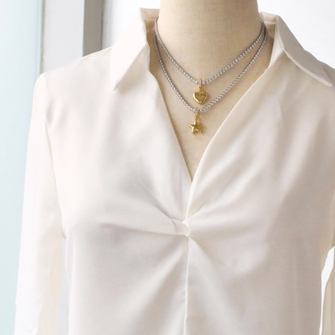 Collar De Cadena De Tenis Con Colgante De Corazón Y Estrella Cobre Bañado En Oro De 18K Circonita Joyería Minimalista