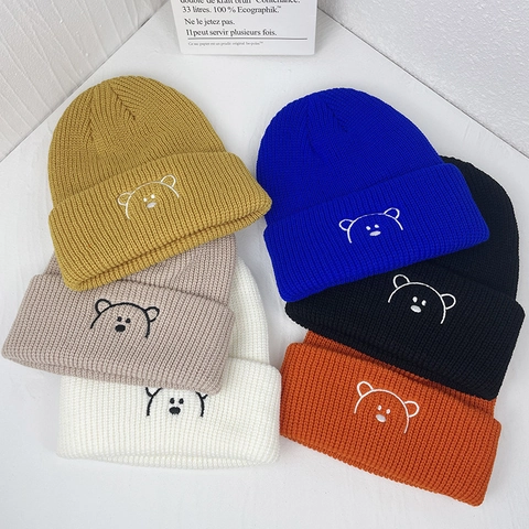Acryl Gebreide Beanie Muts Kinderen Schattig Berenborduursel Ribbel Warme Wintermuts Voor Peuters Kids