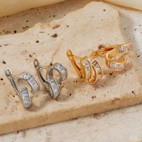 Geometrische C-förmige Ohrringe Mit Kupfer-Ohrstecker Baguette Zirkonia Einlage Spiral-Design Trendiger Schmuck Für Damen