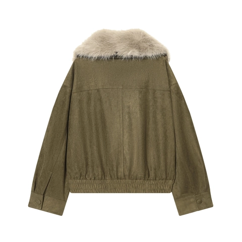 Chaqueta De Ante Sintético Con Cuello De Piel Sintética Mujeres Verde Oliva Cremallera Solapa Corto Invierno Cálido