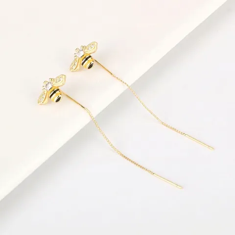 Bee Long Chain Ear Threaders Earrings With Zircon Wings Copper Gold Plated Stainless Steel Earring Post For Women