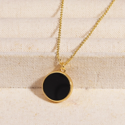 Collana Bracciale In Ottone Placcato Oro Pendente Rotondo Nero Gioielli Eleganti Versatili Per Donna