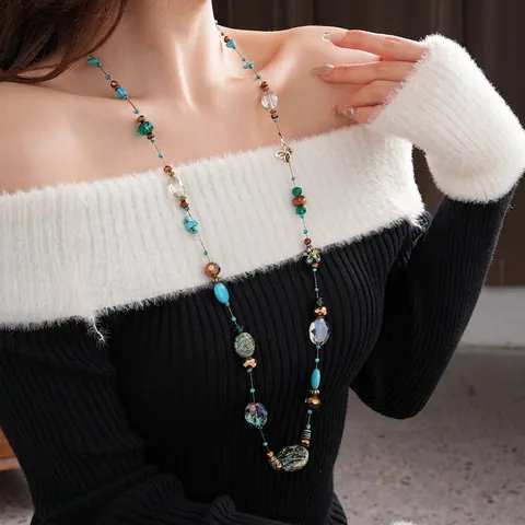 Long Collier À Pendentif En Perles Cuivre Perles De Verre Turquoise Artificielle Papillon Style Ethnique Bohème Chaîne Pull Pour Femmes