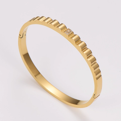Bracelet Jonc En Acier Inoxydable Plaqué Or Pour Femmes Motif Vague Avec Zircon Bijoux De Mode Minimalistes