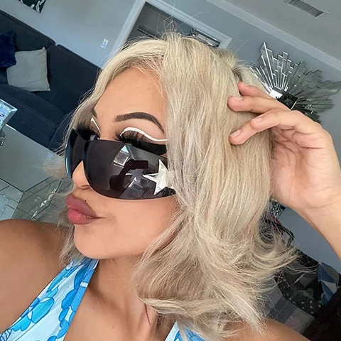 Y2K Shield Sonnenbrille Oversized Einteiliges Glas UV400 Schutz PC Rahmen Metall Stern Dekor Futuristische Retro Unisex
