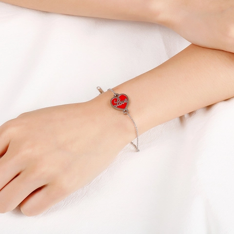 Heart Pendant Bracelet For Women Stainless Steel Red Enamel Love Letter Adjustable Thin Chain Romantic Jewelry Gift