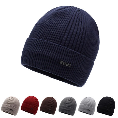 Men Winter Ribbed Knit Beanie Hat Fleece Lined Warm Windproof Outdoor Cycling Cuff Skull Cap Polyester