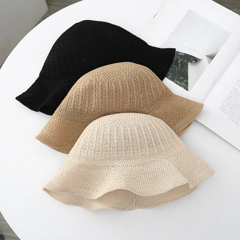 Women Hollow Knitted Bucket Hat Wide Brim Wavy Edge Sunshade Breathable Summer Outdoor Beach Fisherman Hat Foldable
