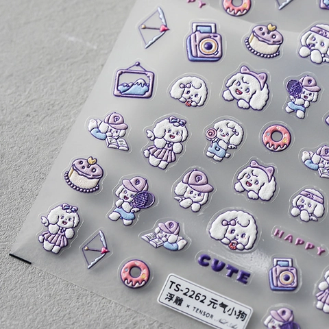 Autocollants À Ongles En Relief 5D 3D Stéréoscopique Auto-adhésif Motif Chiot Dessin Animé Mignon Violet Décoration DIY