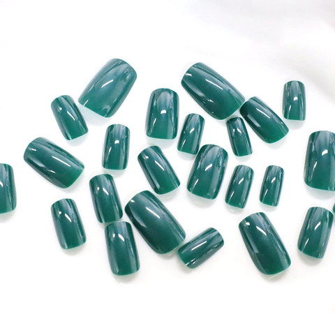 Glossy Press On Nails Long Square Dark Green Elegant Minimalist Fake Nails For Women Girls