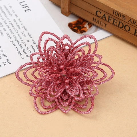 Artificial Christmas Flowers Hollow Glitter Plastic Floral Ornaments Festive Tree Decorations Wedding Party Supplies Novelty