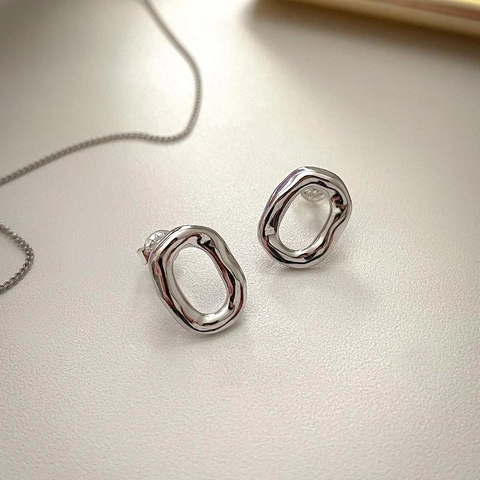 Orecchini A Lobo Argento Sterling 925 Irregolari Texture Lava Metallo Liquido Ovali Minimalisti Geometrici Donna