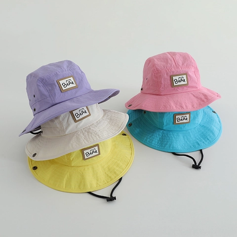 Kids Bucket Hat Quick Dry Sun Protection Outdoor Beach Sunhat With Adjustable Wind Strap Cartoon Bear Patch For Boys Girls