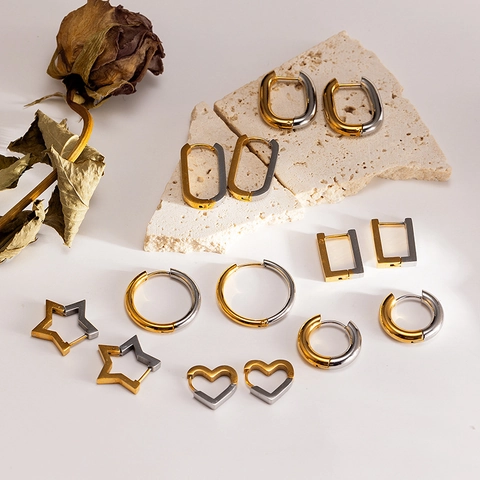 Edelstahl Geometrische Creolen Zweifarbig Gold Silber Stern Herz Rechteck Mode Ohrringe Für Damen Herren