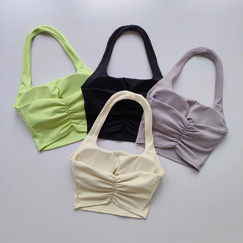 Halter Sports Bra Women Ruched Front Padded Yoga Crop Top Naked Feeling Backless Gym Fitness Workout