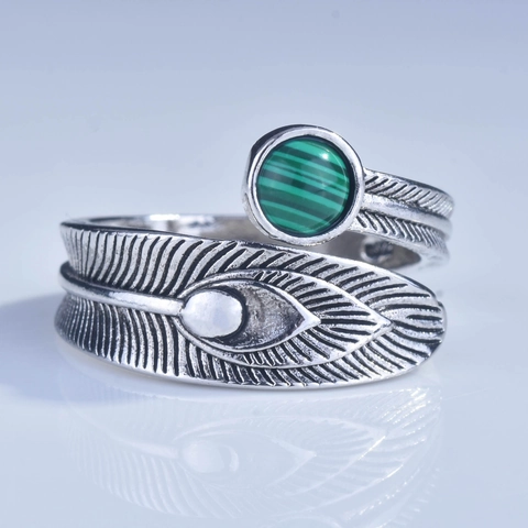 Vintage Silver Plated Copper Ring Feather Design Adjustable Opening With Green Malachite Stone Ethnic Style Jewelry For Women