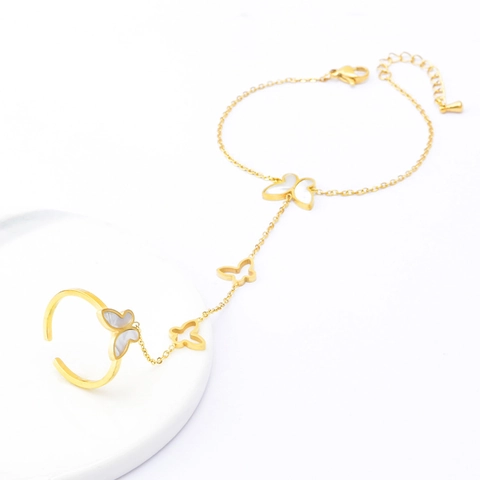 Titaniumstaal Vlinder Handketting Ring Geïntegreerde Armband Verguld Parelmoer Verstelbare Open Hand Sieraden