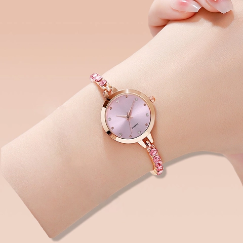 Women Quartz Watch Alloy Rhinestone Bracelet Rose Gold Round Dial Adjustable Slider Elegant Fashion Luxury For Lady