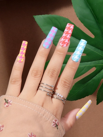 ABS Press On Nails Long Square Matte Rainbow Houndstooth Colorful Fake Nails For Women