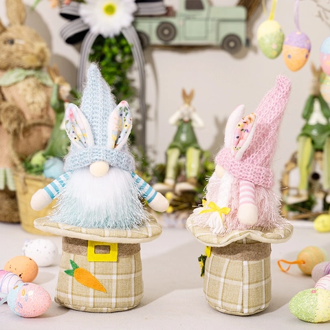 Decorazioni in Peluche Gnomo Coniglio di Pasqua Gnomo Fatto a Mano Base Plaid Bambola Senza Volto Con Orecchie di Coniglio Carota Fiore Tavolo Festa Casa