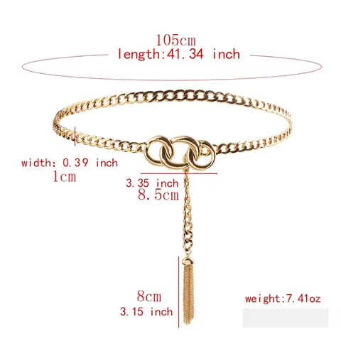 Cinturón Cadena Metal Dorado Mujeres Triple Anillos Entrelazados Borla Eslabón Curb Cintura Decorativo Casual Ajustable