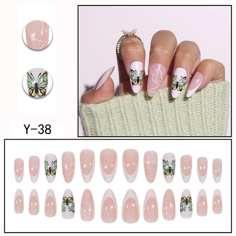 French Butterfly Press On Nails Almond Shape Pink Marble Texture Plastic False Nails For Women Elegant
