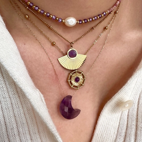 Collana Con Pendente In Ametista Luna Bussola Ventaglio Acciaio Inossidabile Placcato Oro Pietra Naturale Perla Artificial Per Donne