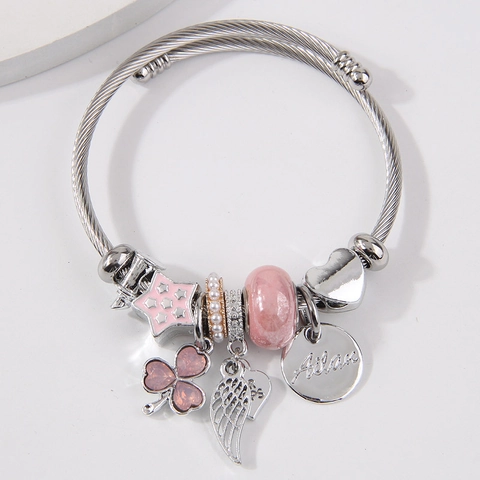 Stainless Steel Alloy Charm Bracelet Adjustable Wire Cable Heart Angel Wing Star Clover Beads Jewelry For Women