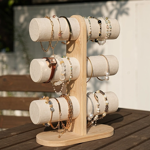 Bambus Armband Display Ständer Mehrstufig Beige Samt Schmuck Organizer T-Bar Uhrenhalter Für Die Aufbewahrung