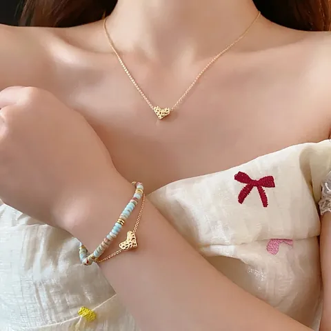 Collana E Bracciale Con Ciondolo A Cuore Con Perle Di Acquamarina Blu E Catena In Lega Texturizzata Gioielli Per Donna