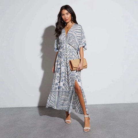 Bohemian Maxi Dress V Neck Printed Side Slit Polyester Vacation Tropical Palm Leaf A-Line Short Sleeve For Women