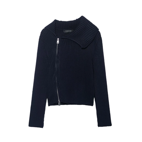 Women Knitted Cardigan Sweater Ribbed Long Sleeve Asymmetric Zipper Turn Down Collar Solid Color Slim Fit Fashion Outerwear