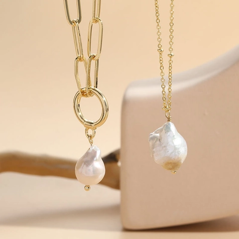 Baroque Freshwater Pearl Pendant Necklace Copper 14K Gold Plated Paperclip Chain Satellite Minimalist Jewelry For Women