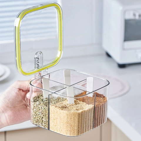 Boîte À Assaisonnement En Plastique Transparent Plusieurs Compartiments Organisateur D'Épices Anti Humidité Avec Cuillères